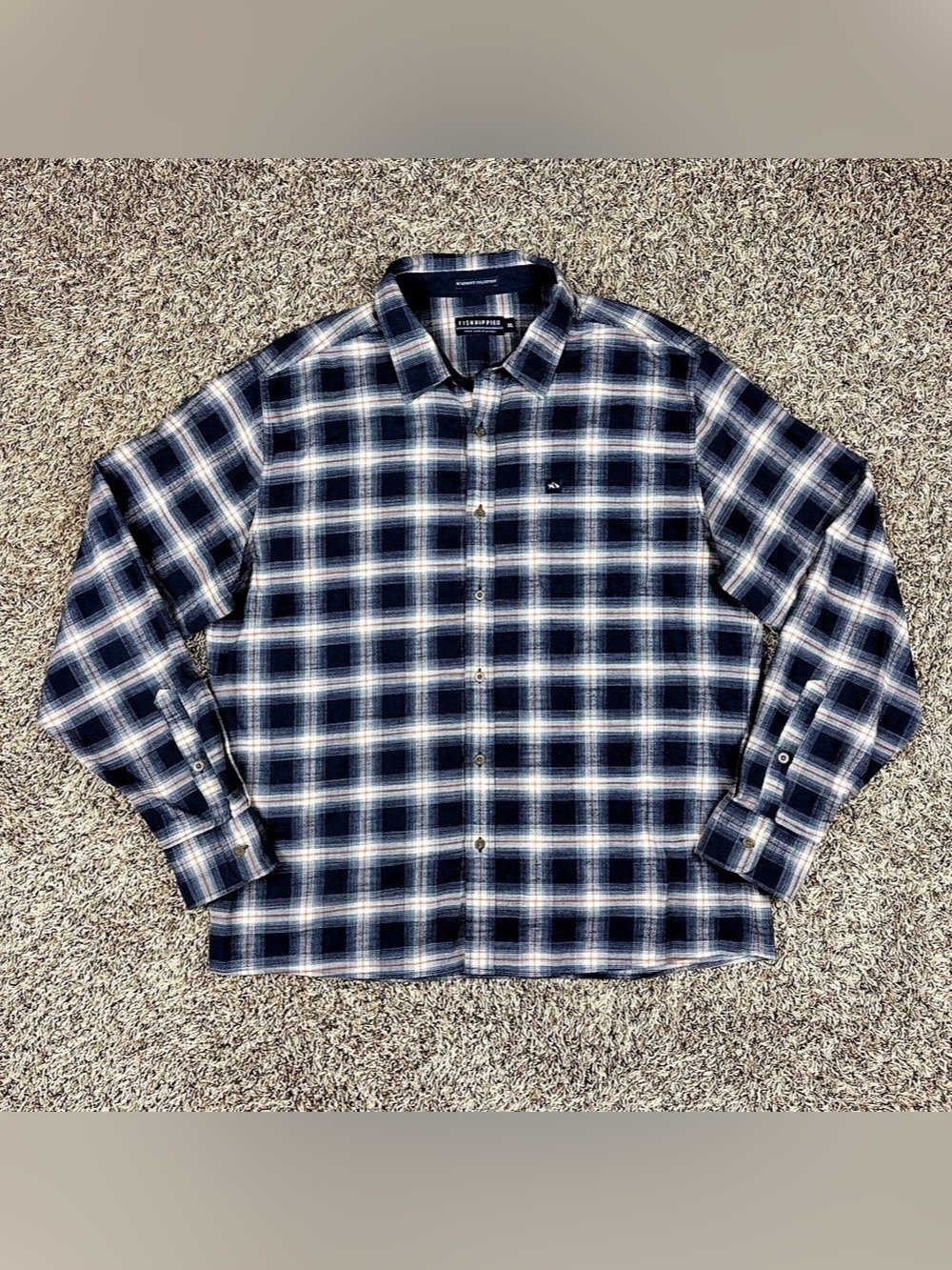 Fish Hippie Co Button Down Shirt Mens XL Blue Plaid Rumfront Collection Stretch